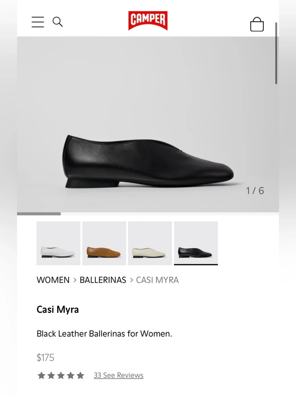 Camper Casi Myra Black Leather Ballerina Flats Sz 40 - Worn once!